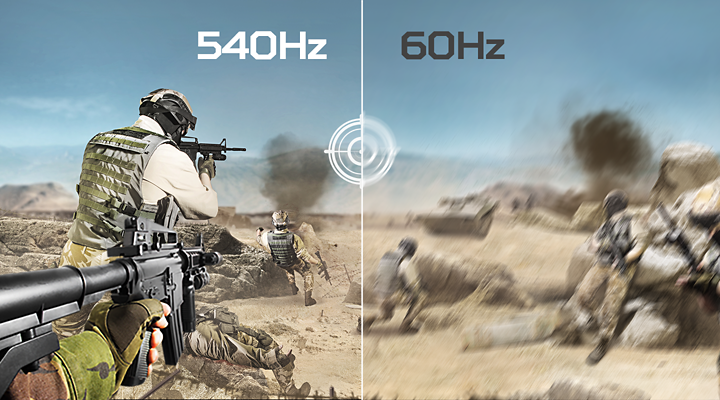 Confronto di una scena di uno sparatutto a 540 Hz e a 60 Hz